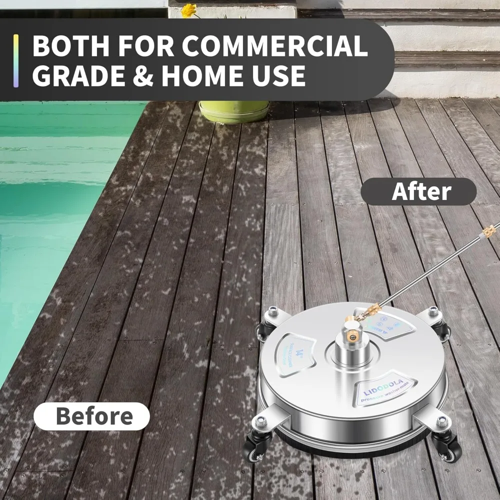 Pembersih Permukaan Mesin Cuci Tekanan 14 inci dengan 4 Roda - Aksesoris Baja Tahan Karat untuk Beton, Teras, Trotoar, Dek, dan Jalan Masuk