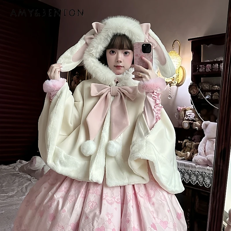 

Winter New Design Fluffy Cape Christmas Women's Clothing Original Design Lolita Sweet Cute Bow Hooded Keep Warm Wool Coat Ladies