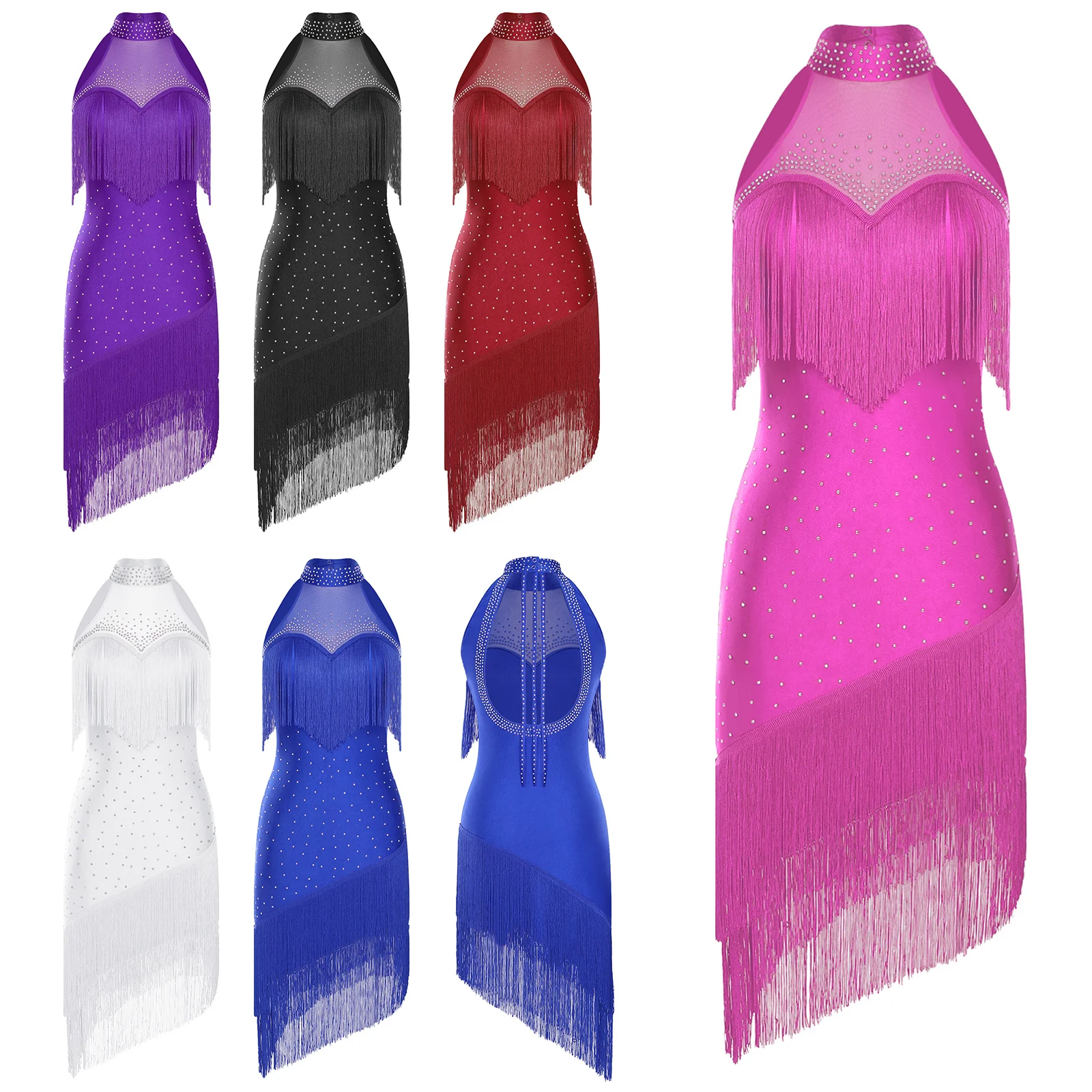 Glamorous Latin Dance Dress Womens Rhinestone Fringe Belly Dance Costume Backless Tango Rumba Latin Ballet Performance Outfit