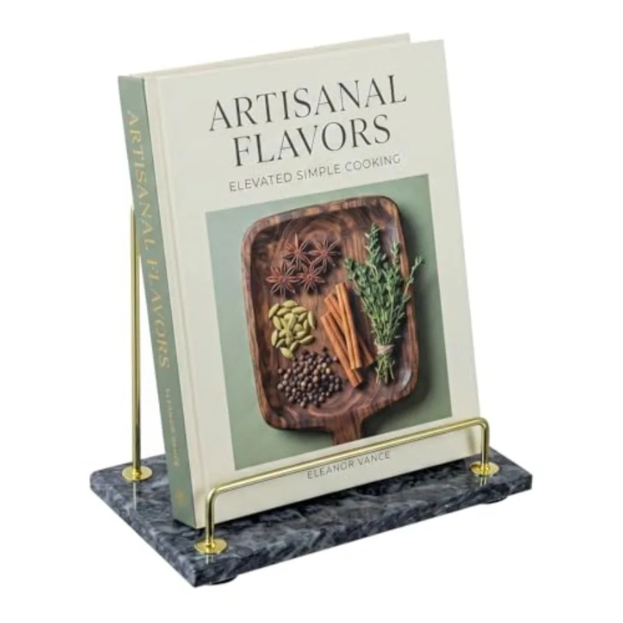

Modern Marble Cookbook Stand, Kitchen Countertop Recipe Holder Stand with Brass Tone Metal Rail