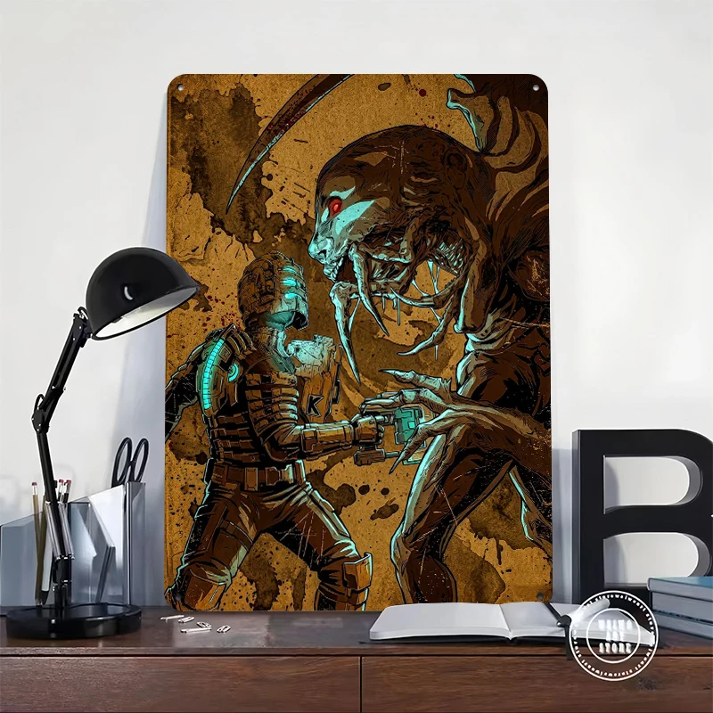 Isaac Clarke Faces a Necromorph Tin Poster Customized Wall Art Retro Vintage Metal Signs for Fans Room Bedroom Decorations Decor