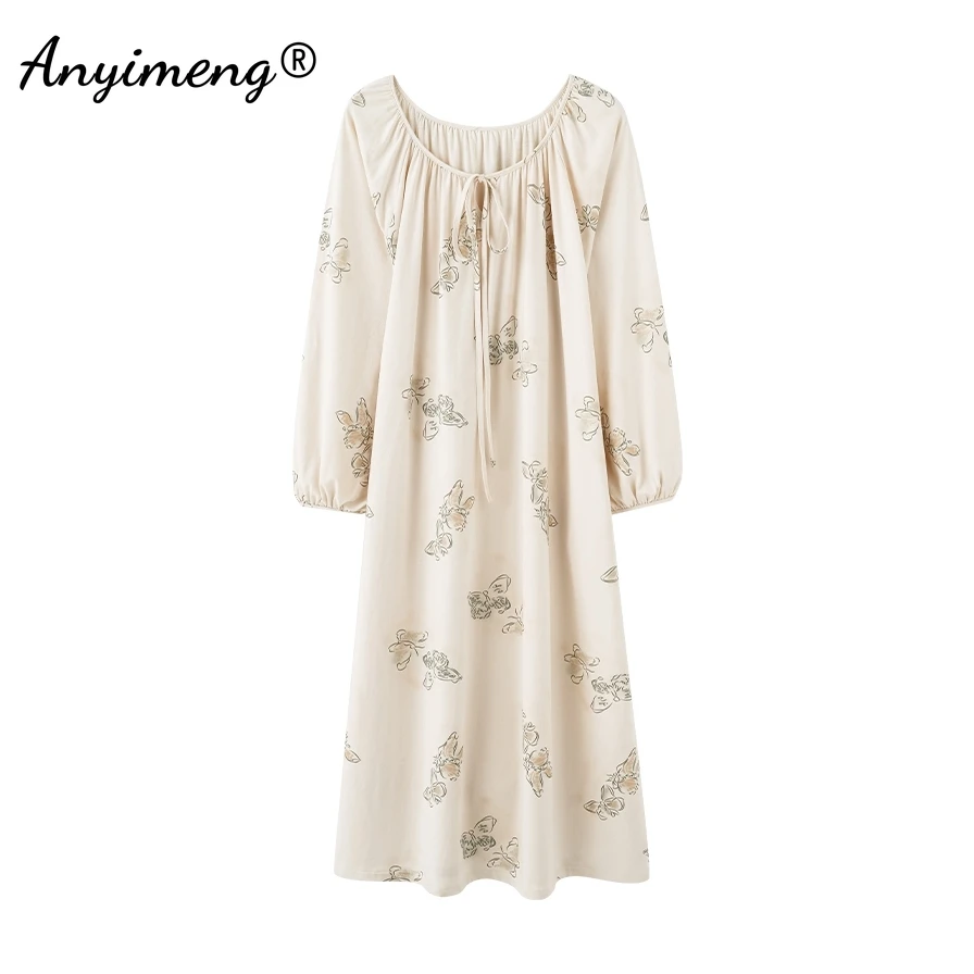 Autumn Faux Cotton Nightdress Leisure Gorgeous Long Sleepshirt Spring Elegant Women Nightgowns Vintage Court Style Lady Dress