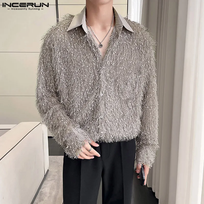

Топы INCERUN 2023, новые мужские рубашки в Корейском стиле из плюшевой ткани с кисточками, модная уличная одежда, Лоскутная Блузка с длинным рукавом, женская