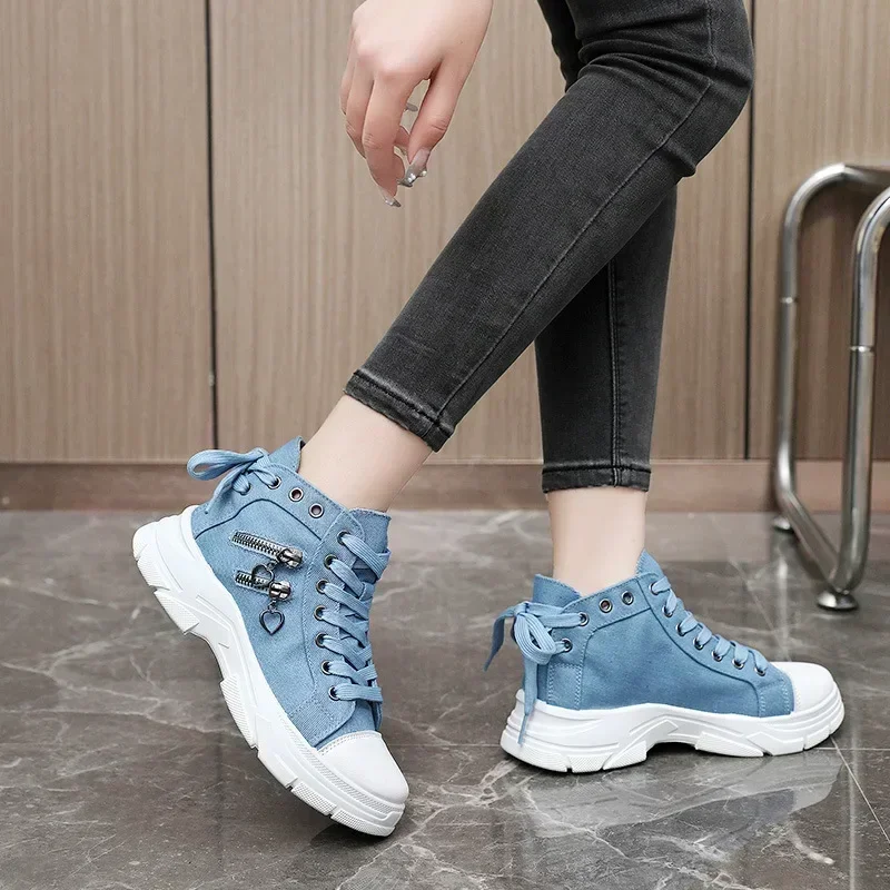 Luxury Brand Chunky Canvas Shoes for Woman Fashion Retro Light Blue Denim High-top Casual Shoes Outdoor Non-slip Sneakers Mujer