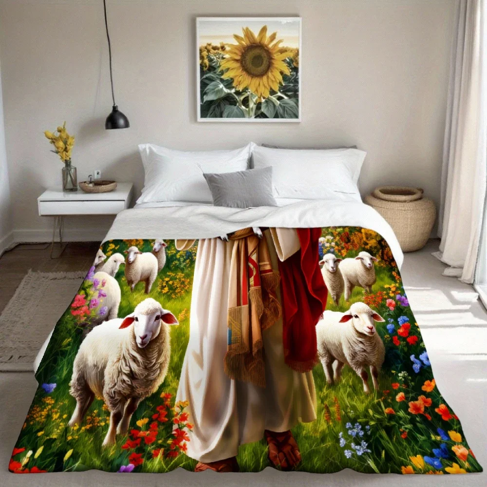 Customization 1pc JOOCAR Jesus Holding Lamb & Sheep Religious Flannel Blanket - Soft Bedspread Suitable For Boys, Girls,, Church
