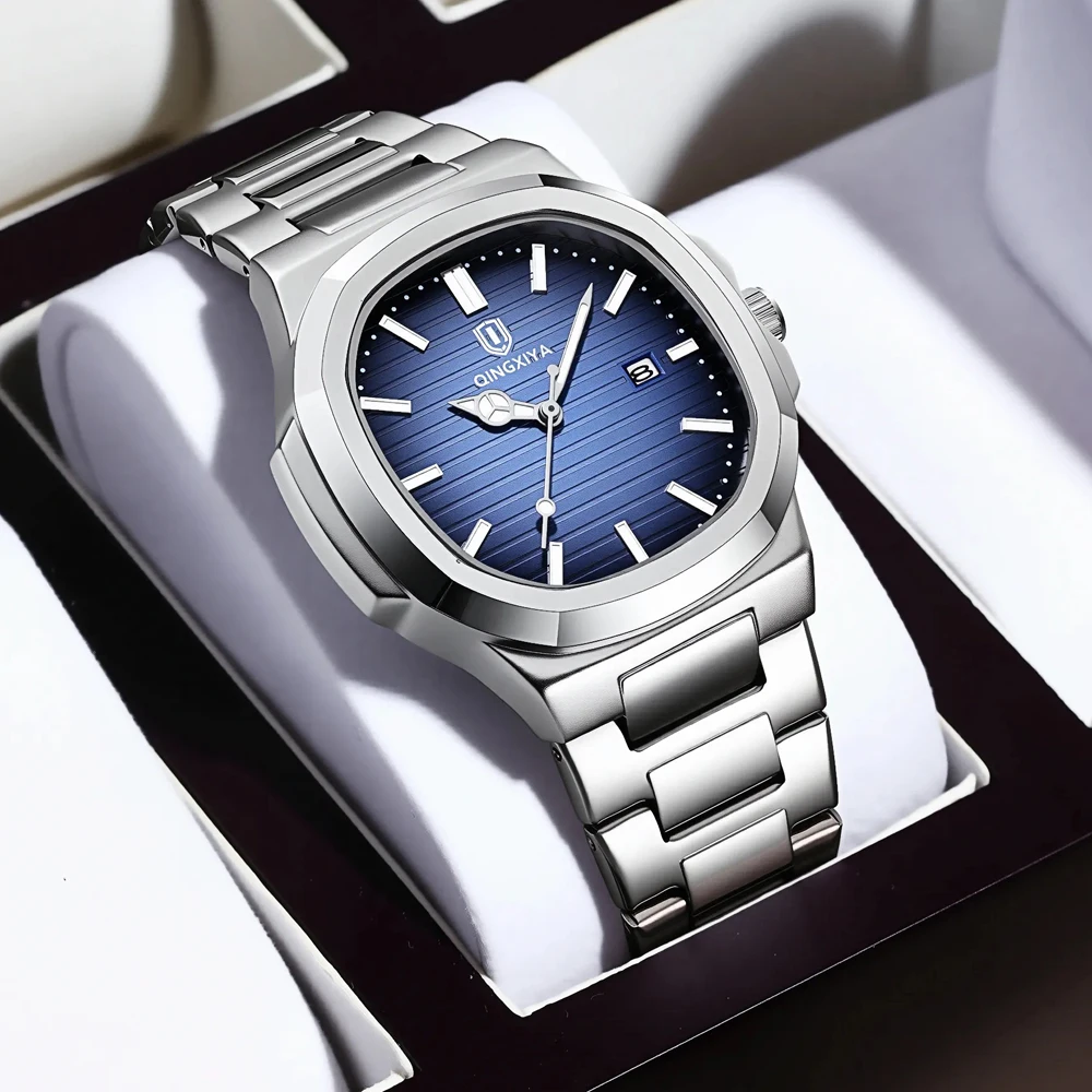 QINGXIYA Fashion Square Dial Quartz Watch for Men Stainless Steel Waterproof Luminous Date Mens Watches Top Brand Luxury Clock