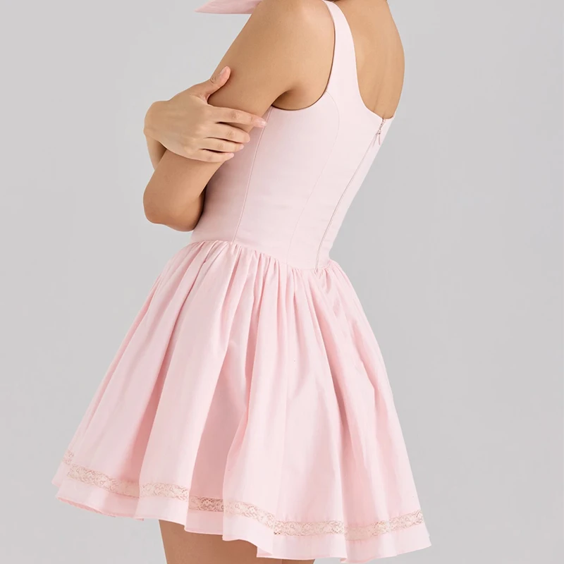 YENKYE 2025 Dolce Rosa 3D Bow Strap Tank Dress Donna Vita Bassa Abito di Sfera Del Partito Mini Abiti di Compleanno Robe Laurea Abiti
