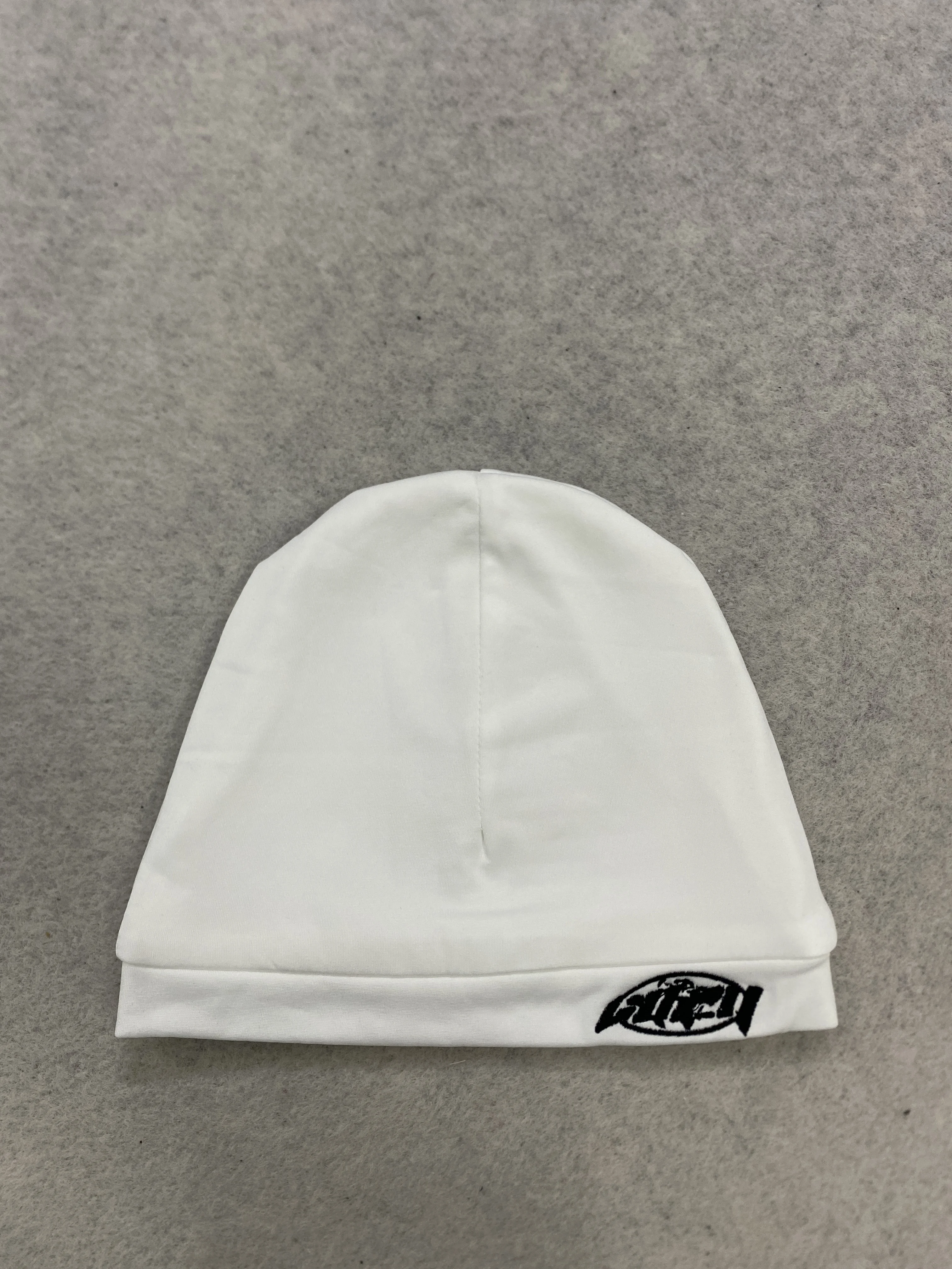 Unisex White Beanie Hat with Embroidered Logo - Soft Warm Winter Knit Cap for Men Women