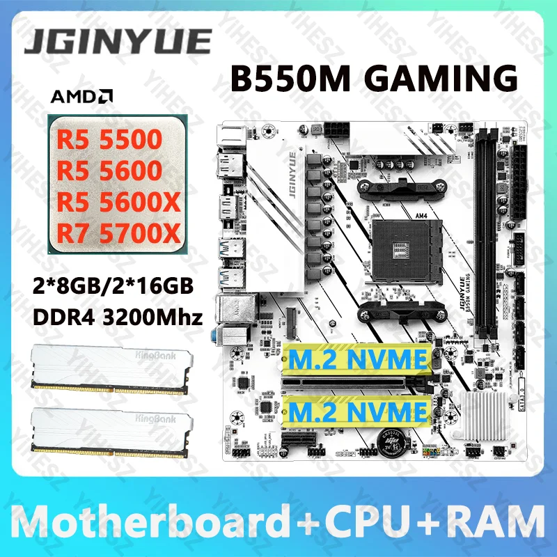 JGINYUE B550M Gaming Motherboard Kit AMD AM4 R5 5500/5600/5600X R7 5700X With 2*8GB/2*16GB DDR4 3200Mhz RAM PCI-E 4.0 M-ATX
