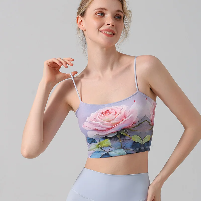 

Nude Sports Bra Gathering Yoga Wear Set Sling Printed Inner Top