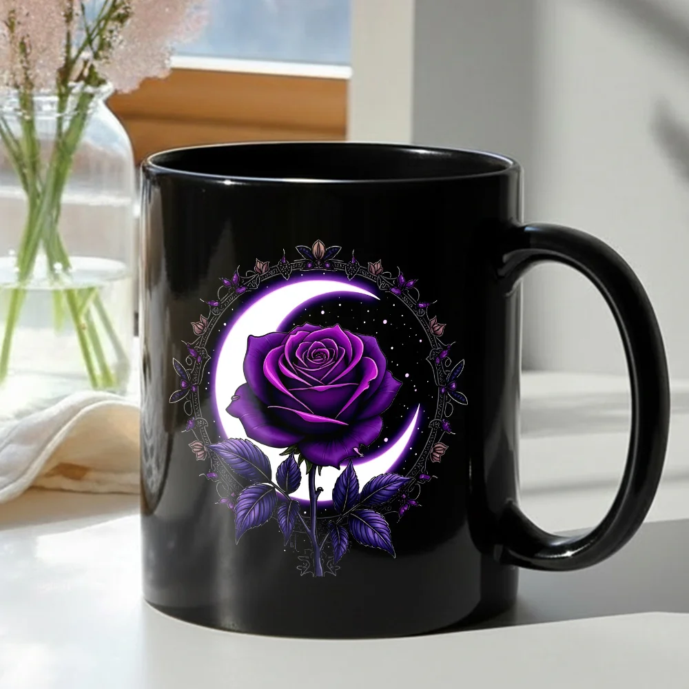 11oz Black Ceramic Mug Gothic Purple Rose Crescent Moon Coffee Cup Vintage Witch Design Unique Birthday Gift for Girlfriend Home