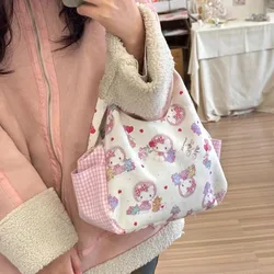 Miniso Sanrio Hellokitty Kawaii Handbags Pink Plaid Cartoon Kitty Cute Bags Students Zipper Y2k Storage Handheld Bag Girl Gifts