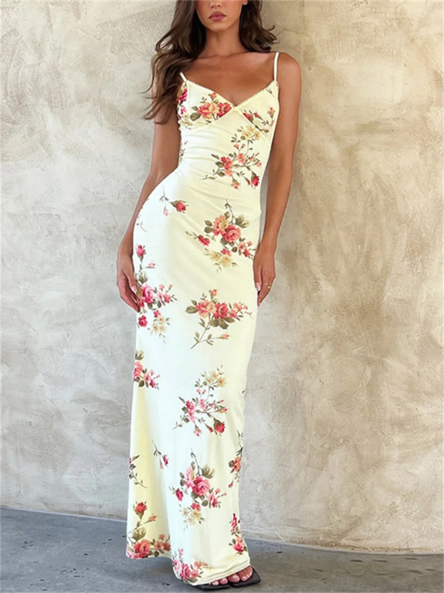 

Fashion Flower Print Spaghetti Strap Dress Women Elegant V Neck Backless Midi Dresses 2023 Summer New Sweet Ladies Vestidos