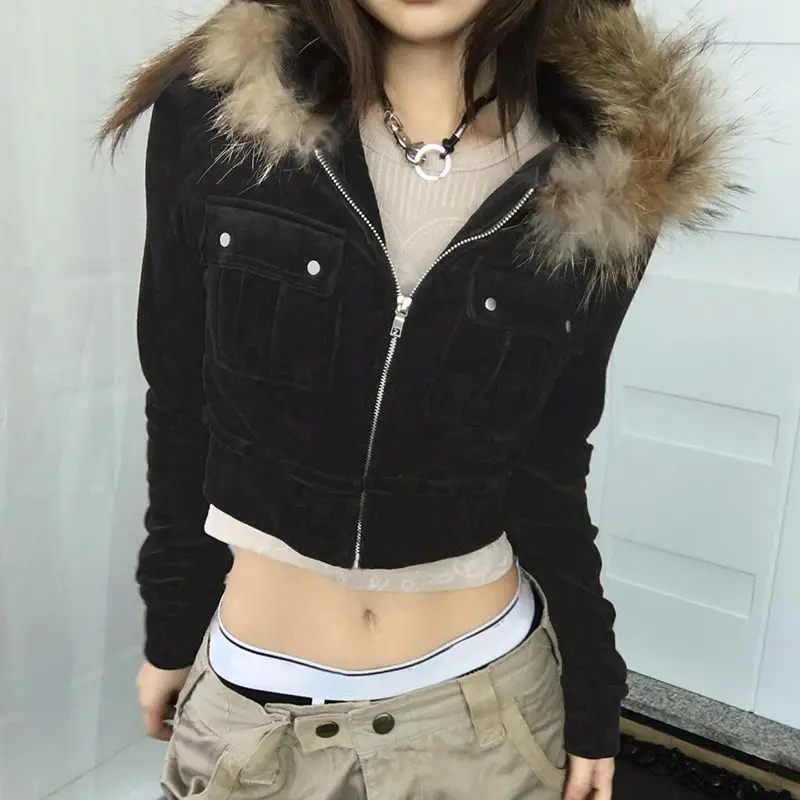 Cropped Trendy Velvet Pocket Cargo Jacket, High-waisted Skinny Hottie Fur Hooded Sweatshirt