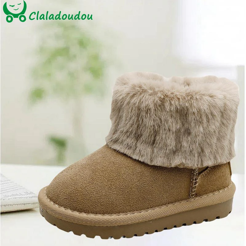 

High Quality Snow Boots Kids Boys,Fashion Turned-over Edge Fur Ankle Boots For Children Girls,Solid Suede Leather Warm Walkers