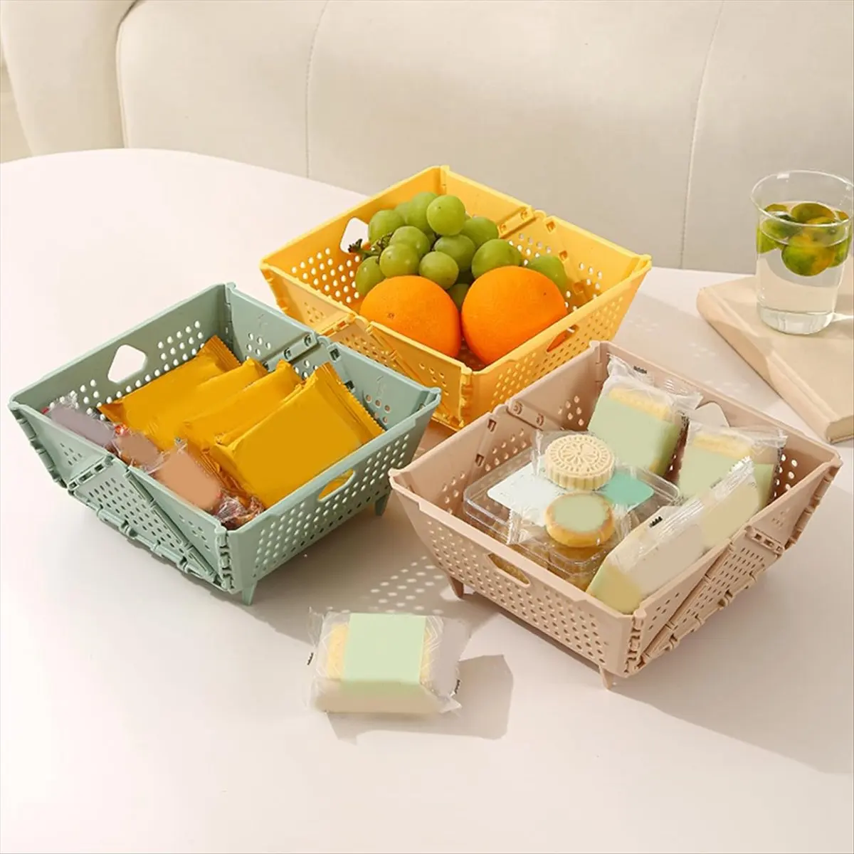 FOR HOME Plastic Colander - Foldable Drain Basket with Resting Feet - Kitchen Food Strainer - Space-Saving Green