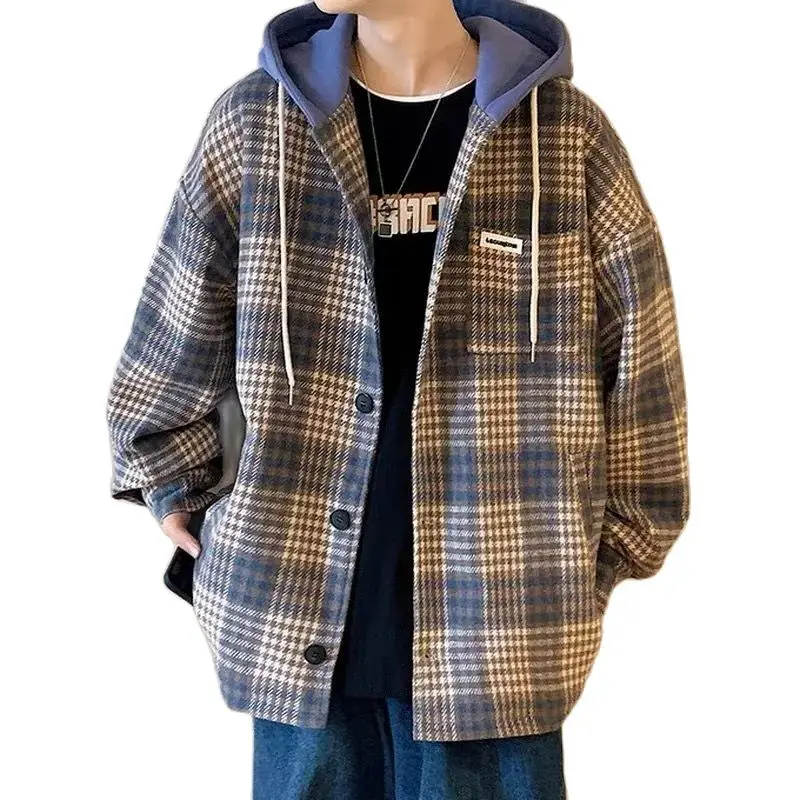 

Plaid Hooded Jacket Men's 2023 Autumn Winter New Hong Kong Style Loose Casual All-match Jacket Trend Cardigan Sweater Commute