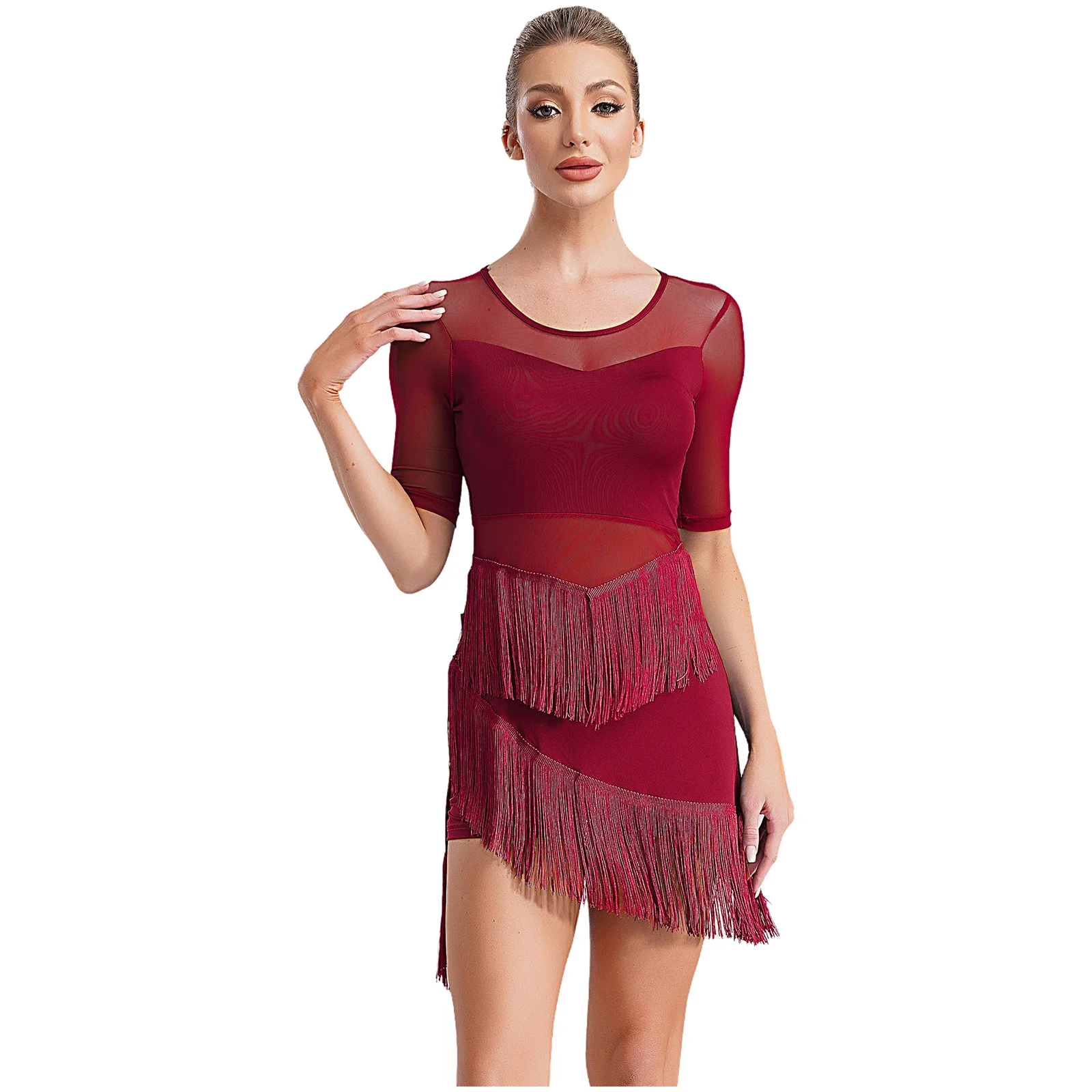 Womens Latin Dance Practice Dresses Stage Performance Costume Sheer Mesh Half Sleeve Irregular Fringe Latin Dress with Shorts