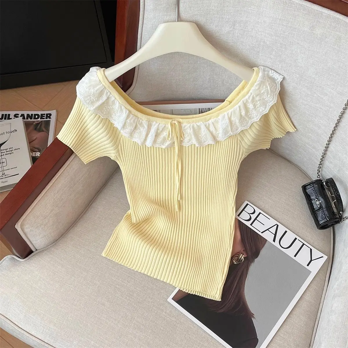 Top girl summer French sweet little creamy yellow lace word collar age-reducing knitted short-sleeved slim T-shirt