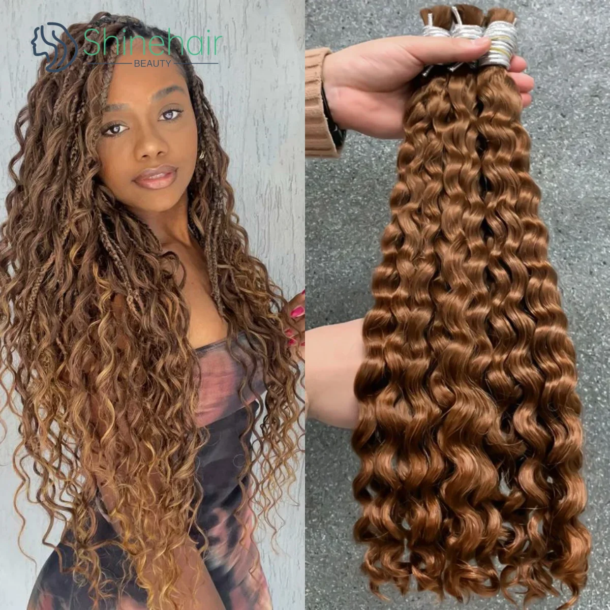 Rambut gelombang dalam jumlah besar untuk kepangan 100% rambut manusia ekstensi rambut keriting untuk bundel rambut manusia cokelat kepang tanpa simpul Boho 30 inci