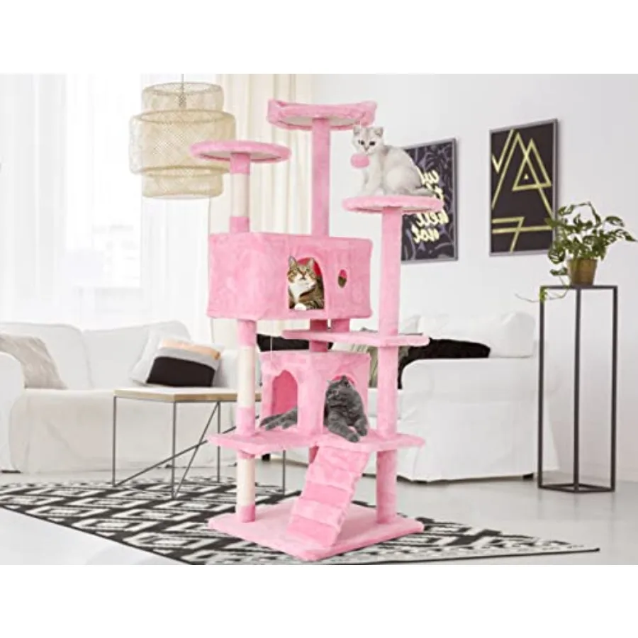 54'' Tall Cat Tree for Indoor Cats, Multi-Level Furniture with 3 Scratching Post, Stand Platform and 2 Condo, Tower Funny Toys,