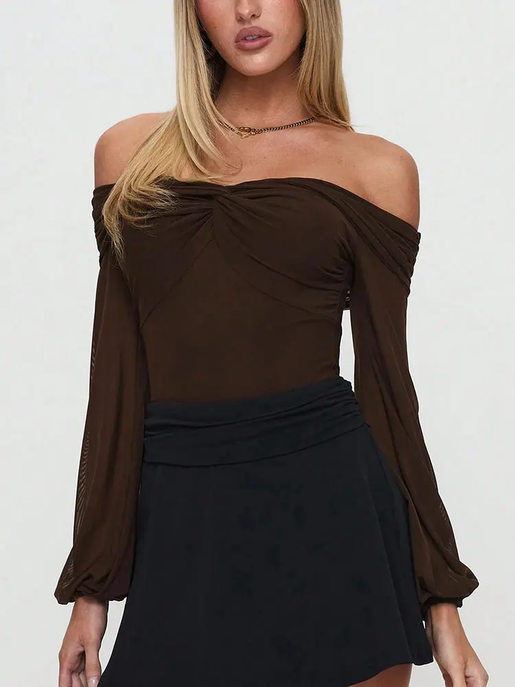 New Simple Elegant One-Shoulder Long Sleeve Tops Fashionable Commuting Women Clothes Sexy Semi Transparent Fabric Coffee Blouse