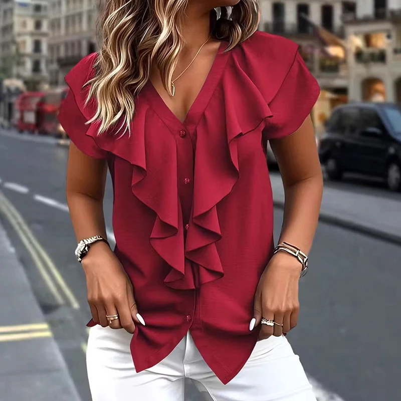 

Fashion Women Shirt White Green Ruffle Button V Neck Shirt Women Shirts Tops Office Lady Basic Shirt Short Sleeve Blouses