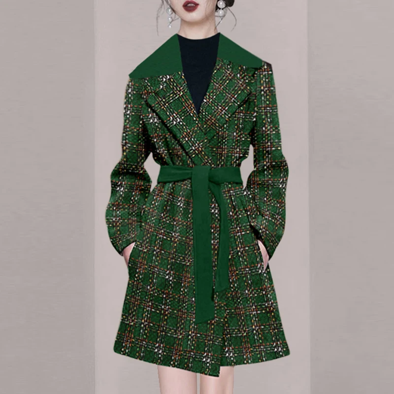 UNXX Vintage Green Woolen Coat for Women Female Office Lady, Mid-length Autumn/winter 2022 New Tweed Waist-cinching Plaid Jacket