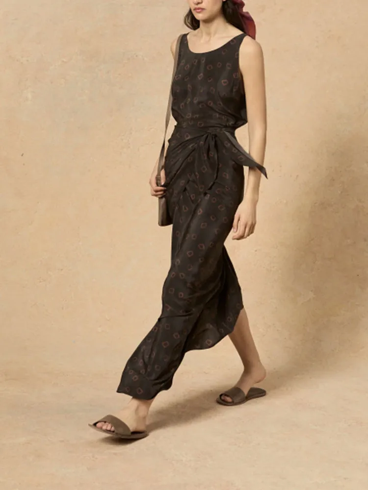 

Women Slit Round Neck Wrapped Maxi Dress 2024 Summer Silk Lace-Up Plaid Print Sleeveless Elegant Female Tank Robe