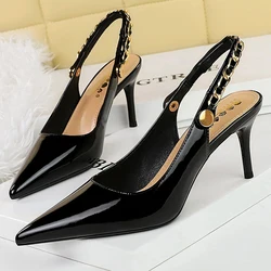 BIGTREE Shoes Metal Chain Women Pumps Patent Leather New Women 7 Cm 9.5 Cm Heels Women Summer Stilettos Sandals High Heels