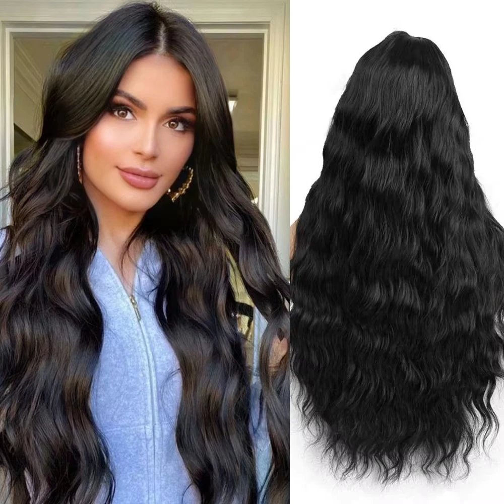 

Long Deep Wave Wig Natural Black Hair Wig for Women Synthetic 26 Inches Middle Part Daily Party Use Heat Resistant Fiber Wigs