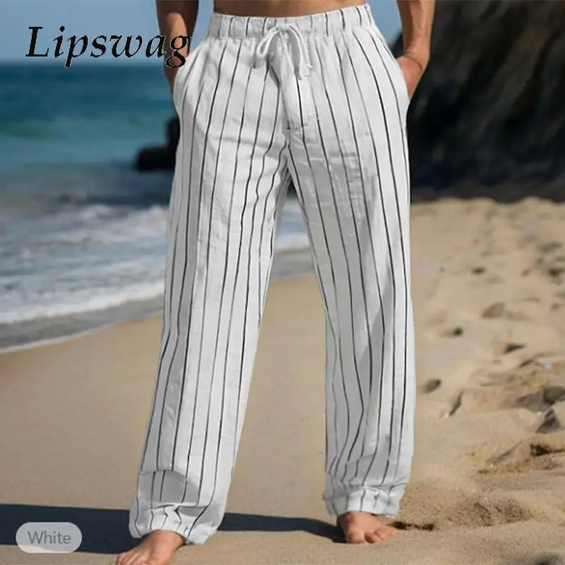 

Summer Fashion Drawstring Pant Outdoor Casual Mens Striped Linen Pants Beach Leisure Loose Breathable Straight Trousers For Men