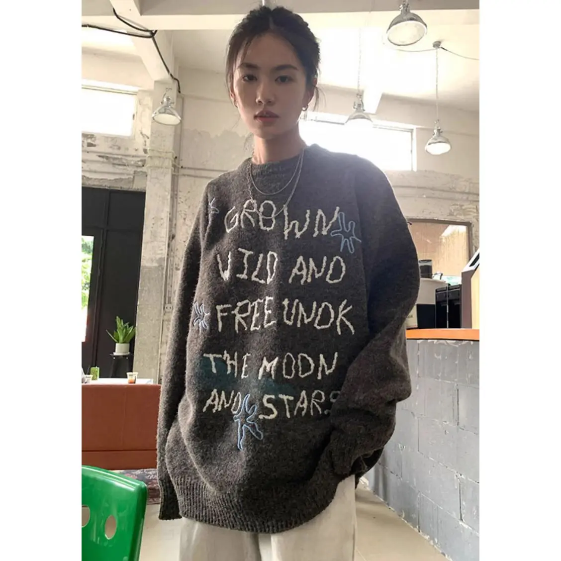 Letter Embroidery Knitted Pullover Women Autumn Winter O Neck Loose Sweater Korean Style Casual Versatile Suéteres Tops