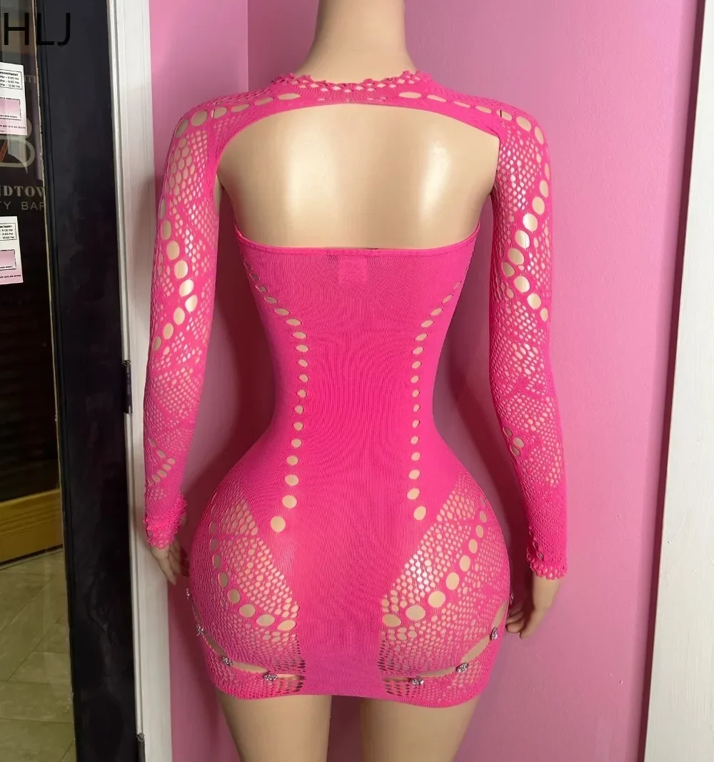 HLJ Sexy Knit Bodycon Mini Dress for Women Hollow Out Rhinestone Patchwork Stretch Chic Shawl +Dresses Female 2025 Spring New