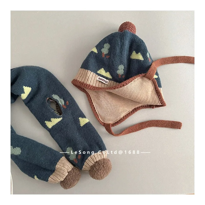 Set Topi dan Syal Anak Gaya Korea, Beanie Rajut Modis dengan Penutup Telinga dan Syal Senada, Pakaian Hangat Dua Potong untuk Anak Laki-laki dan Perempuan, Lucu H2165