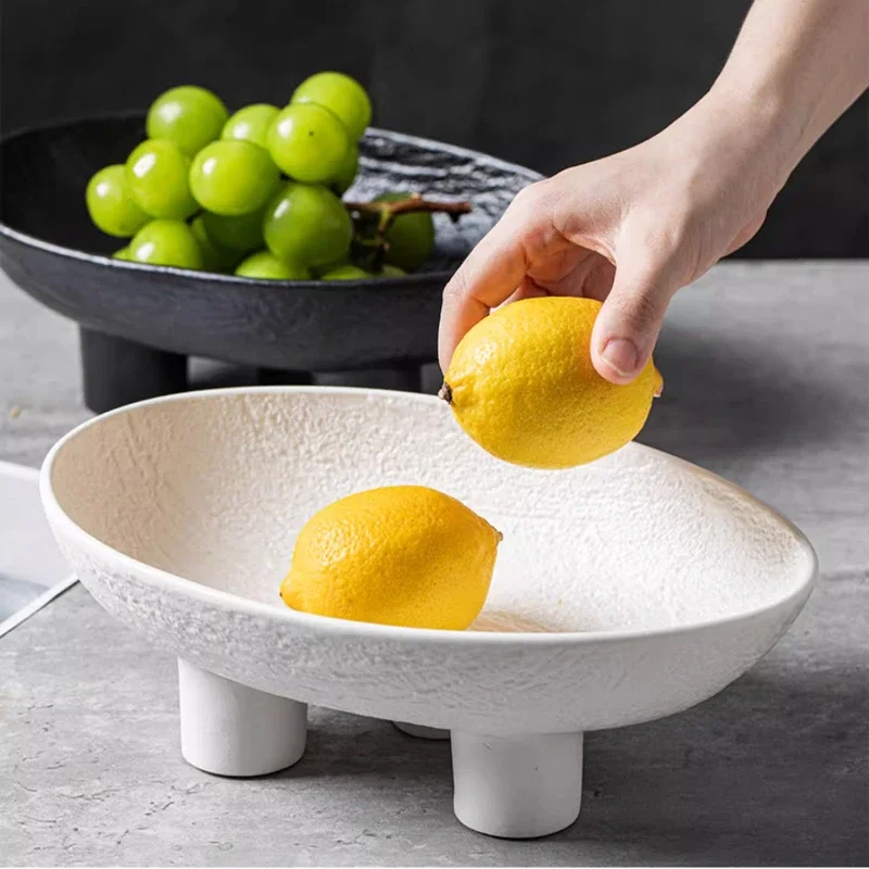 Ceramic Solid Color White Stone Fruit Tray Creative Retro Three-legged Fruit Tray To Send 10 Fruit Forks Decorative Storage Bowl
