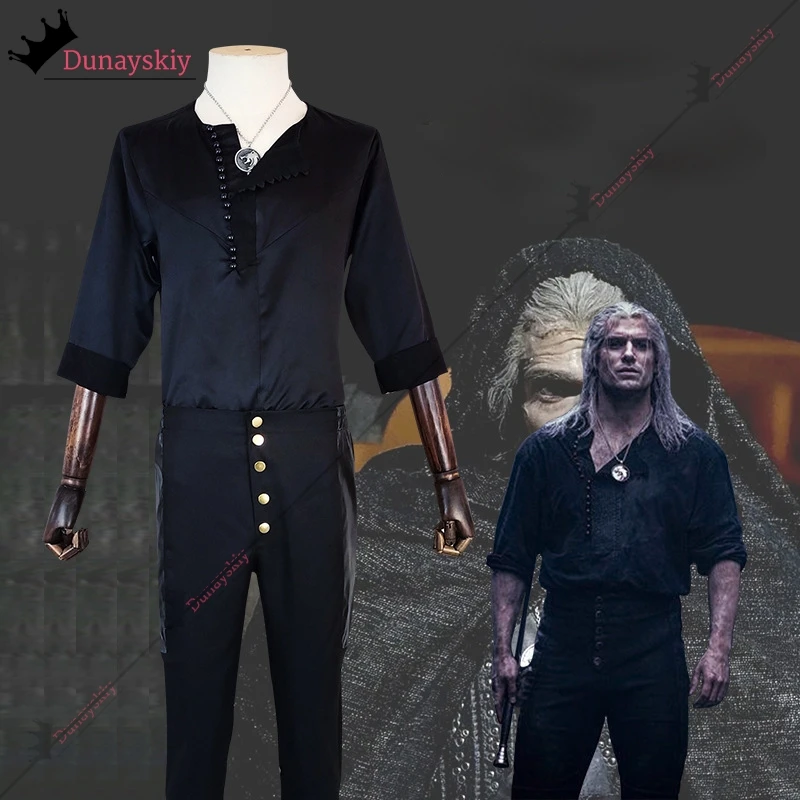 男性用ウィッチャーコスプレ衣装,白いかつら,黒のジェラルトトップ,パンツ,ユニフォーム,アニメ,ハロウィーンの衣装,ロールプレイ,古典的な服