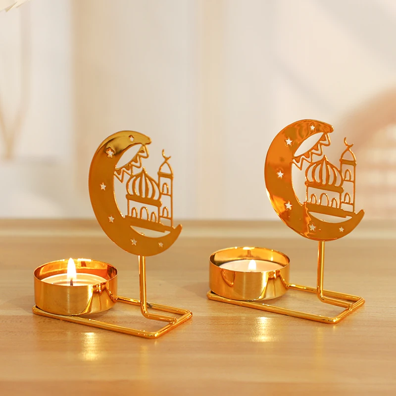 

Eid Mubarak Golden Candle Holder Iron Moon Night Light Candlesticks Ramadan Kareem Favors Gift Islamic Muslim Home Party Decor
