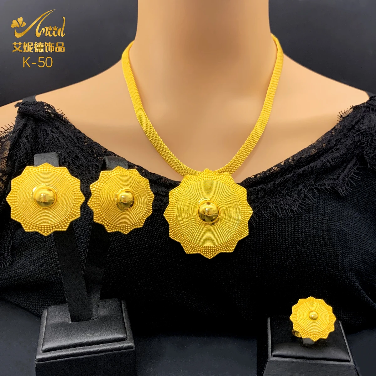 ANIID Luxury Indian Dubai Flower Choker Jewelry Set For Women Ethiopian Bridal 24k Gold Color Necklace And Earrings Sets Wedding