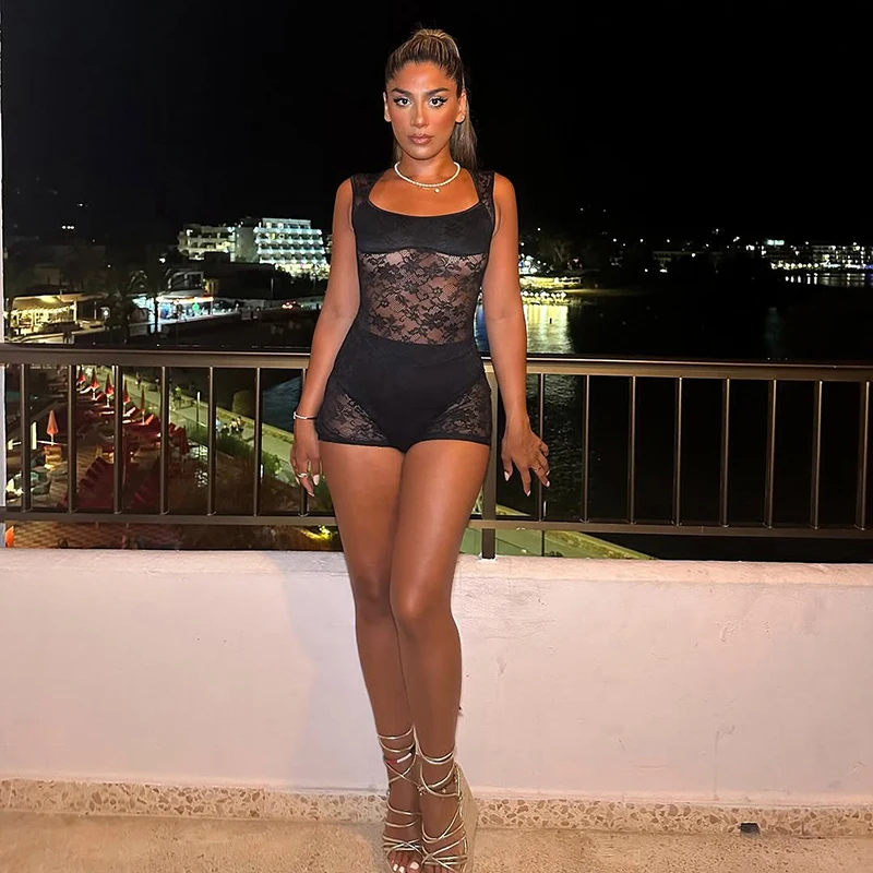 Female short jumpsuit summer 2025 trend new See-through lace bodysuit hot clothes sexy romper tight body sleeveless one pieces