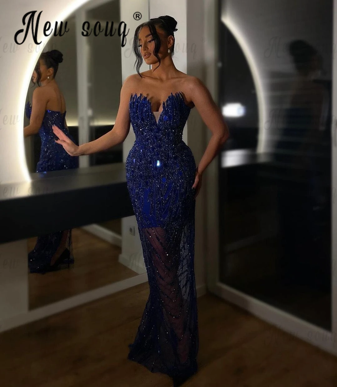 

Classic Royal Blue Full Beaded Cocktail Dress Women's Glitter Party Night Gowns Backless Mermaid Illusion Long Prom Dresses