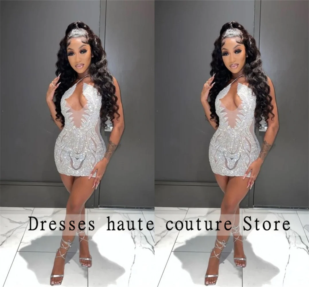 Sexy Silver Beaded Crystal Halter Short Prom Dresses 2026 For Black Girl Customizd Rhinestone Cocktail Dress Birthday Party Gown