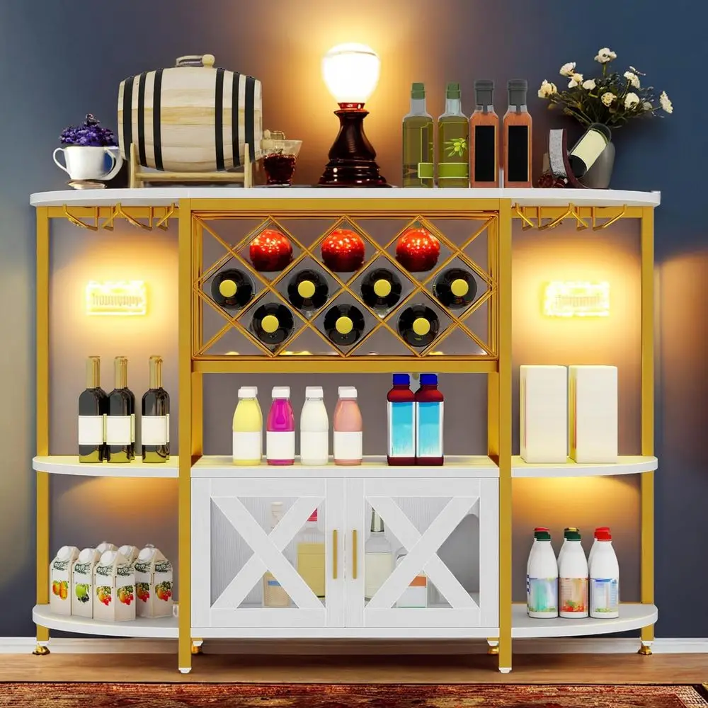 Illuminated Bar Cabinet with 4-Tier Storage, Outlets, Wine Rack, and Glass Holders in Gold