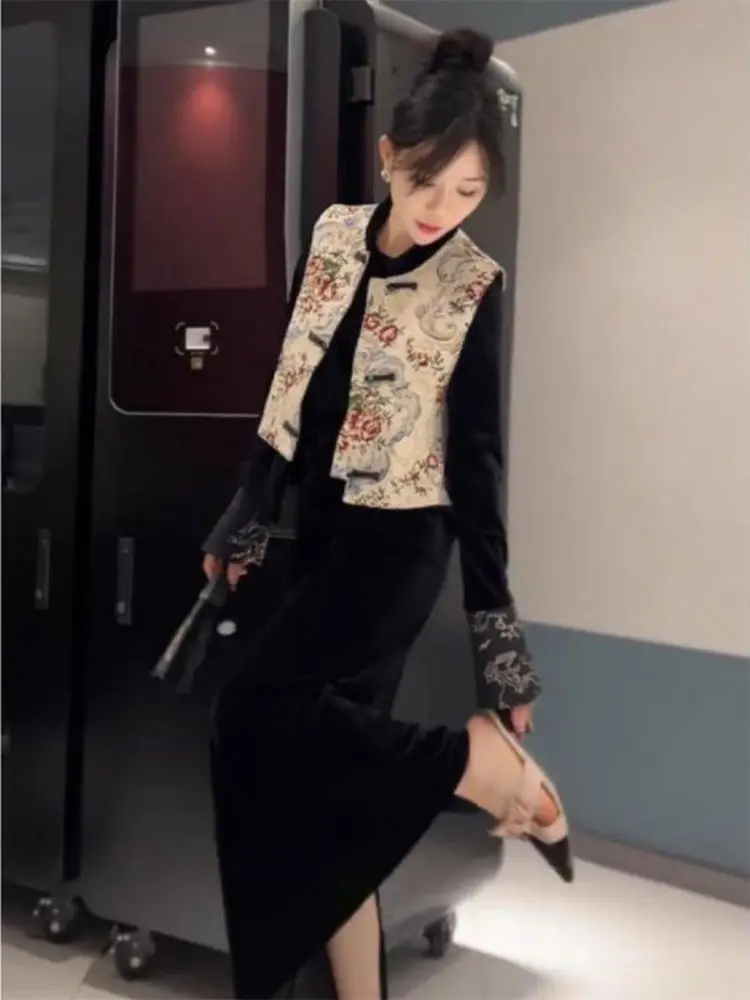 

Модный традиционный китайский комплект-двойка больших размеров: жилет и укороченный топ с завышенной талией для женщин, весенний повседневный наряд