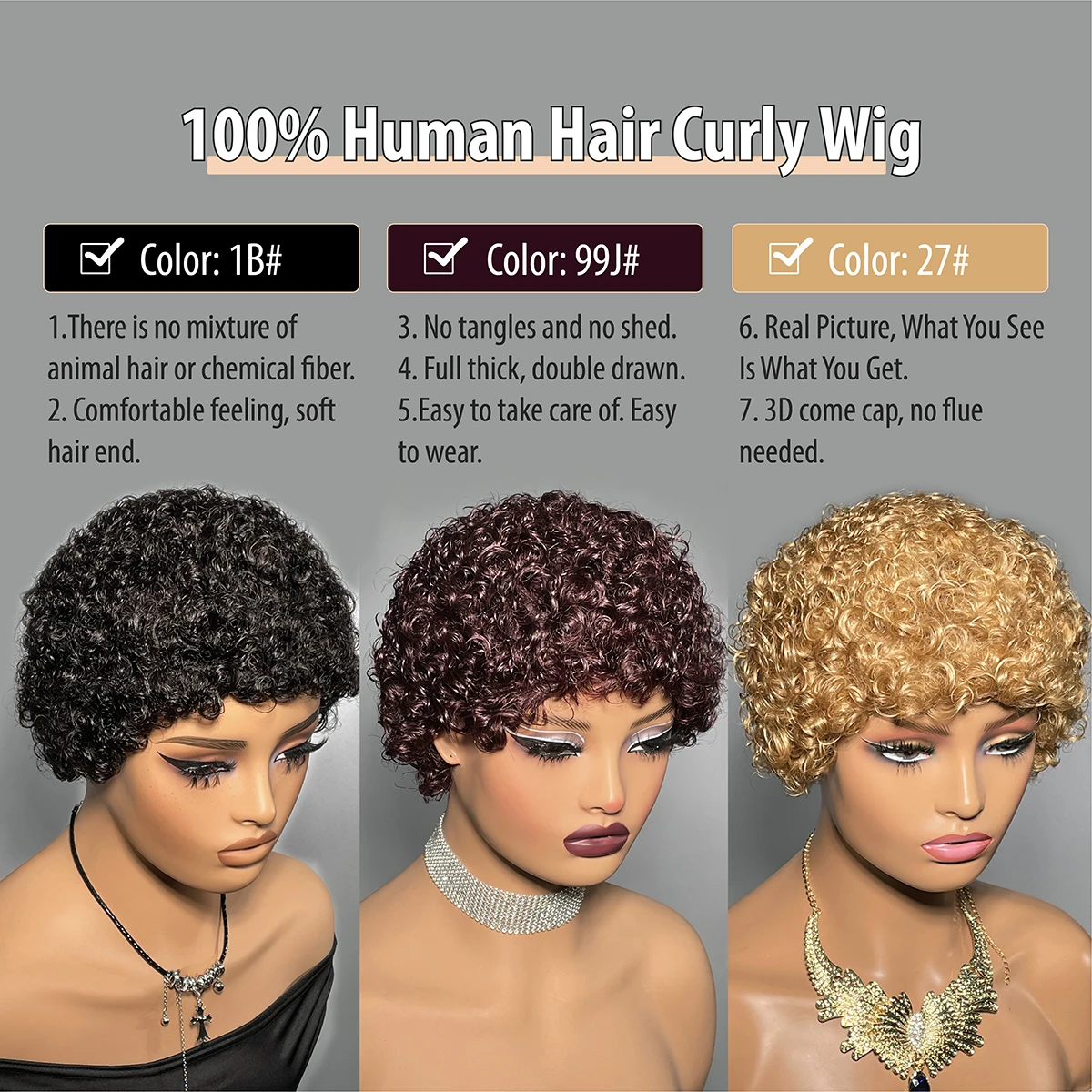 Honey Blonde Colored Kinky Curly Human Hair Wig Color 27 99J Machine Made Pixie Cut Wigs 100% Human Hair Wigs For Women