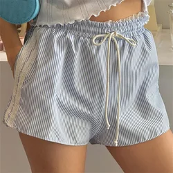 Damskie spodenki w stylu Vintage Kawaii Ruffles Lace Trim Striped Print Trim Elastic Waist Drawstring Casual Shorts for Summer Beachwear