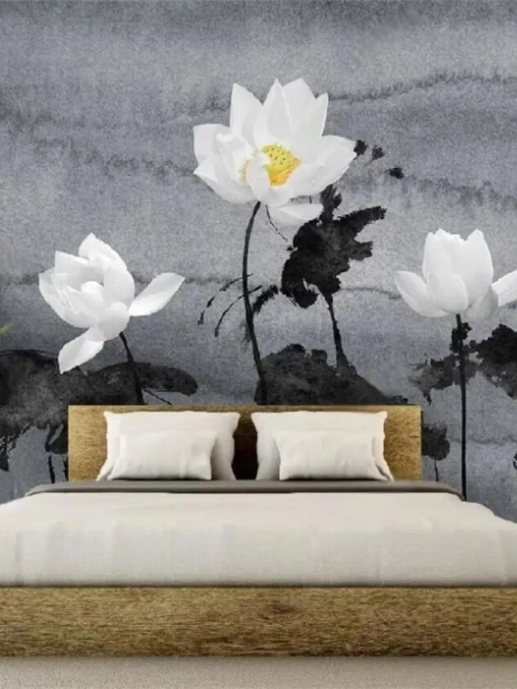 papel de parede Custom modern Modern luxury high-grade gray black ink lotus painting bedroom living room flower 3d wallpaper