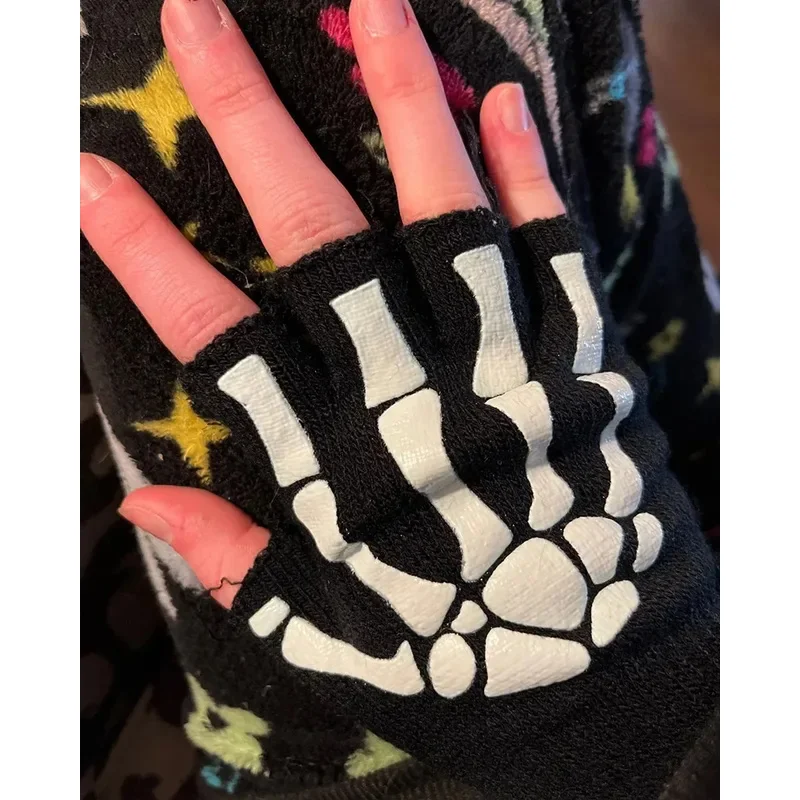 1/3/6 pares de guantes de medio dedo con esqueleto de Halloween que brillan en la oscuridad, guantes de invierno de punto elásticos sin dedos