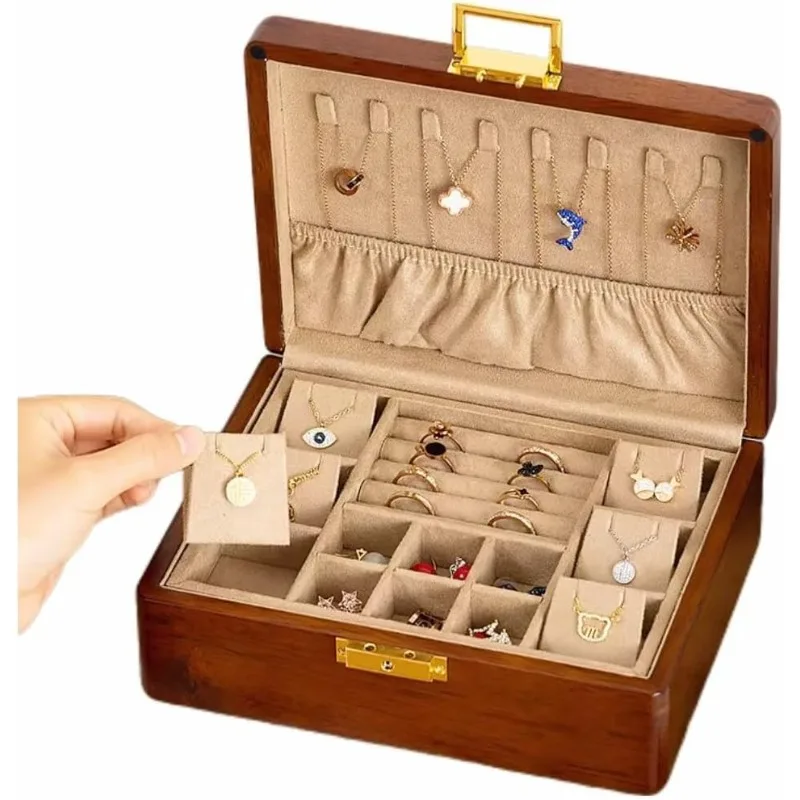 

2 Layer Solid Wooden Jewelry Box with Lock and Key for Women Men Vintage Velvet Wood Jewelry Organizer Storage