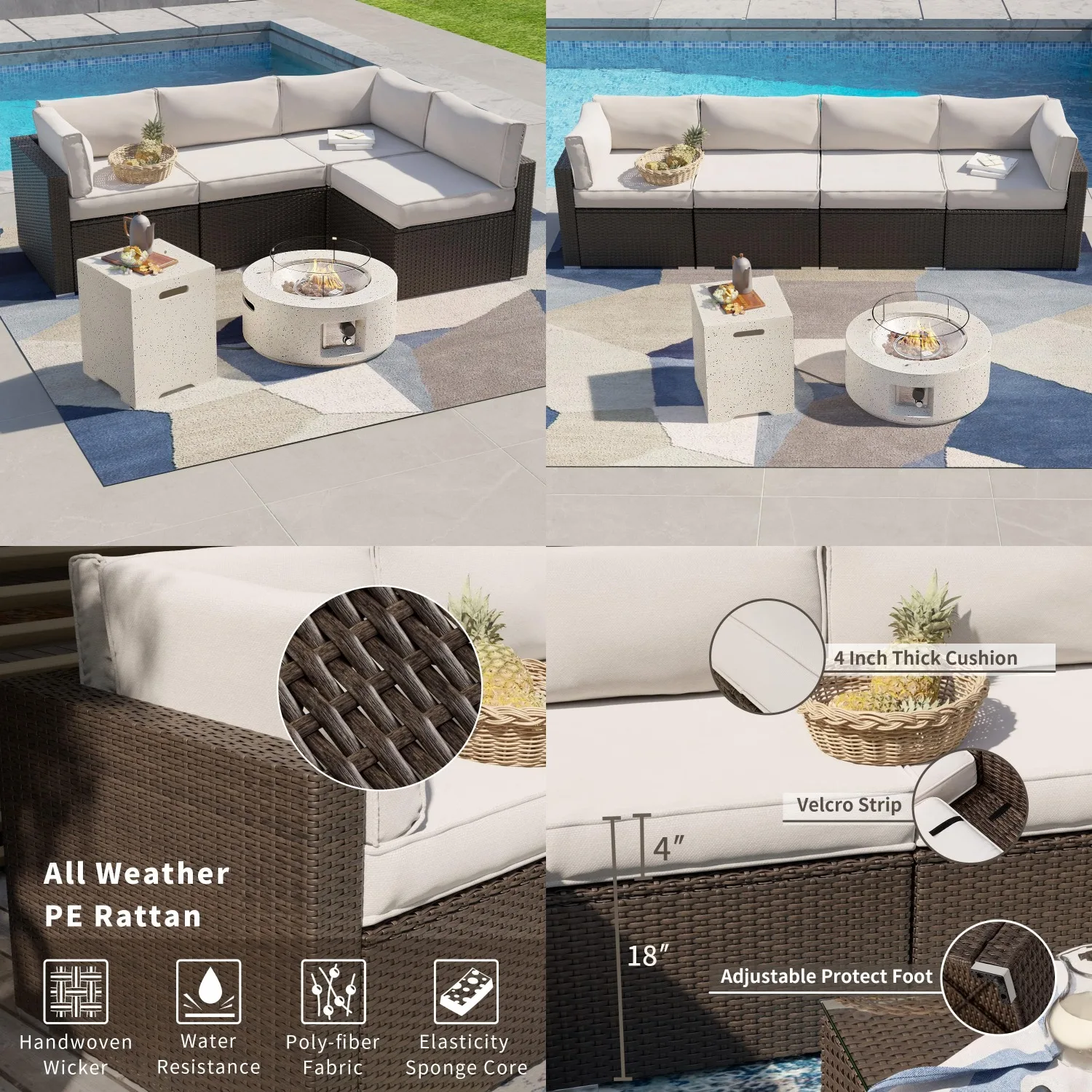 

Outdoor 5-Piece Wicker Sectional Sofa Set w 50000BTU Fire Pit Table Wind Guard Tank Cover Cushions for Patio, Customized